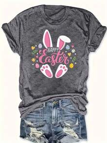 Easter T-Shirt Egg Flower Bunny Ears Bunny Feet Caster Letter Print Plus Size Round Neck - Màu xám đen - Xem 1