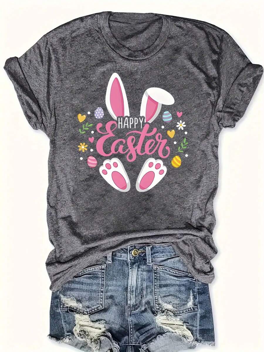 Easter T-Shirt Egg Flower Bunny Ears Bunny Feet Caster Letter Print Plus Size Round Neck - Màu xám đen - Xem 1