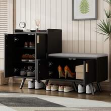 Moderner Schuhbänke Mit Schwarzwalnussholz, , Schuhschrank, Ausgestattet Mit Vier Aufbewahrungstüren, Asymmetrischen Metallgriffen, B120/D34/H82 - Black + Dark Walnut - View 3