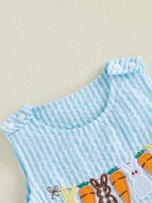 Pelele de rayas de Pascua para niñas pequeñas, sin mangas, cuello redondo, con bordado de zanahoria y conejo - Azul - Ver 7