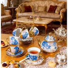 Gold Plated Red Rose Ceramic Tea Set, Vintage Tea Sets With Teapot, Beautiful Tea Set Coffee Serving 6 People (Blue Rose, Large) - BlueRose - View 4