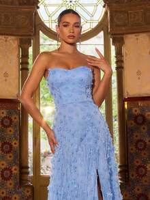 Faeriesty 女士无肩带刺绣贴花正式晚礼服，饰以花卉网纱，心形领口，高开衩设计，适合正式晚宴、红毯活动、盛大晚会、正式婚礼和奢华派对。春季派对 - 淺藍色 - 查看 4