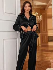 Plain Satin Pajamas With A Silky Touch, Button-Down Shirt, Pocket, Long-Sleeved Pants, American-Style Lapel. - 黑色 - 查看 7