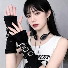 Millennial Hot Girl Arm Sleeves Women Black Half Fingerless Gloves Metal Dark Punk Cosplay Arm Sleeves - 黑色 - 查看 1