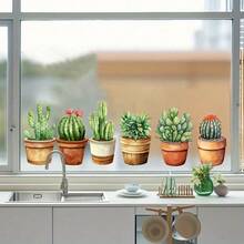 1/3 piezas Pegatina de ventana con diseño de suculentas botánicas, cactus con flores en macetas, resistente al agua, estática, para decoración de oficina y hogar, ventanas, desmontable, antichoque, vinilo decorativo - Pegatina de ventana de cactus - Ver 7