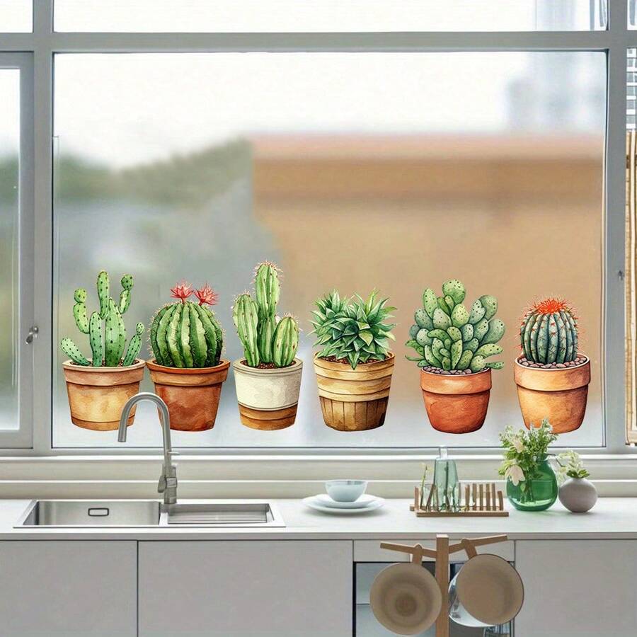 1/3pcs Botanical Succulent Window Sticker Flowering Cactus In Pots Design Waterproof Static Cling For Office Home Windows Display Removable Anti Collision Glass Decal - Cactus Window Sticker - View 1