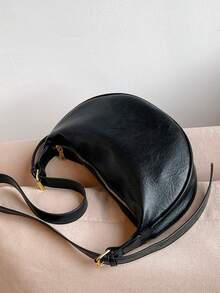 Women's Leather Dumpling Bag, PU Leather Saddle Shoulder Bag, Solid Color, Daily Commute Bag With Adjustable Strap - Black - View 7