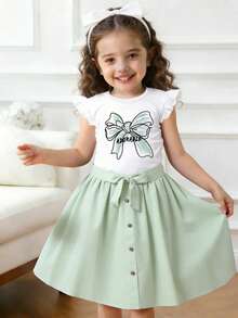 Young Girl Letter & Bow Print Ruffle Hem Camisole And Buckle Waist Skirt Casual 2-Piece Set - White - View 6