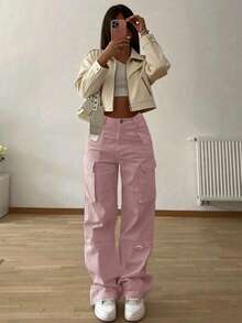 粉色弹力腰带口袋时尚复古Y2K休闲优雅可爱阔腿工作裤。舒适百搭，适合机场穿搭、返校季、毕业典礼、教师节、俱乐部、生日派对、万圣节、新年、感恩节、音乐会、外出、运动、健身房、度假、商务、街头服饰，春、夏、秋、冬皆宜。 - 粉色 - 查看 5