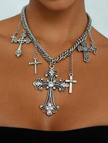 1 Piece Of Personality Exaggerated Cross Pendant Large Chain Gothic Punk Style Alloy Silver Chain Necklace Pendant Like Chain Suitable For Women's Daily Party Gathering Concert Concert Wear New Year Gift - Silver - View 4