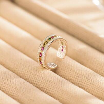 1 pièce Bague ouverte plaquée or avec CZ multicolores sertis, bijou pour la fête et le quotidien
