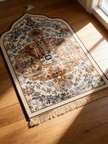 1pc Tasseled Floral Pattern Mat, Intricate Design Mat, Tasseled Edge Mat, Suitable For Indoor And Outdoor, Rectangular Tasseled Decorative Mat, Washable Carpet - Multicolor - View 2