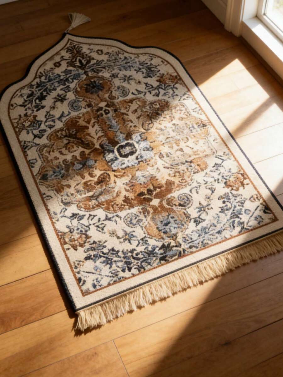 1pc Tasseled Floral Pattern Mat, Intricate Design Mat, Tasseled Edge Mat, Suitable For Indoor And Outdoor, Rectangular Tasseled Decorative Mat, Washable Carpet