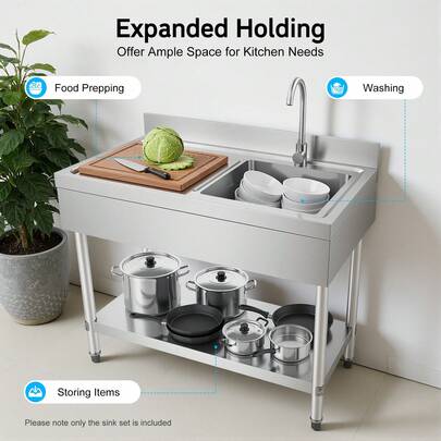 SHIOUCY 100*60*80cm Stainless Steel Sink 1 Basin (Right) With Raised Base, Silver Freestanding Sink With 1 Strainer Basket And 1 Drain Pipe