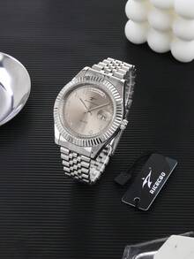 RICECGO 1 chiếc đồng hồ đeo tay nam công sở chạy máy thạch anh, mặt số rạng rỡ với vạch số nghệ thuật độc đáo, viền răng cưa + hiển thị lịch, chất liệu thép cao cấp, phù hợp cho cả đi làm và đeo hàng ngày. - Bạc - Xem 5