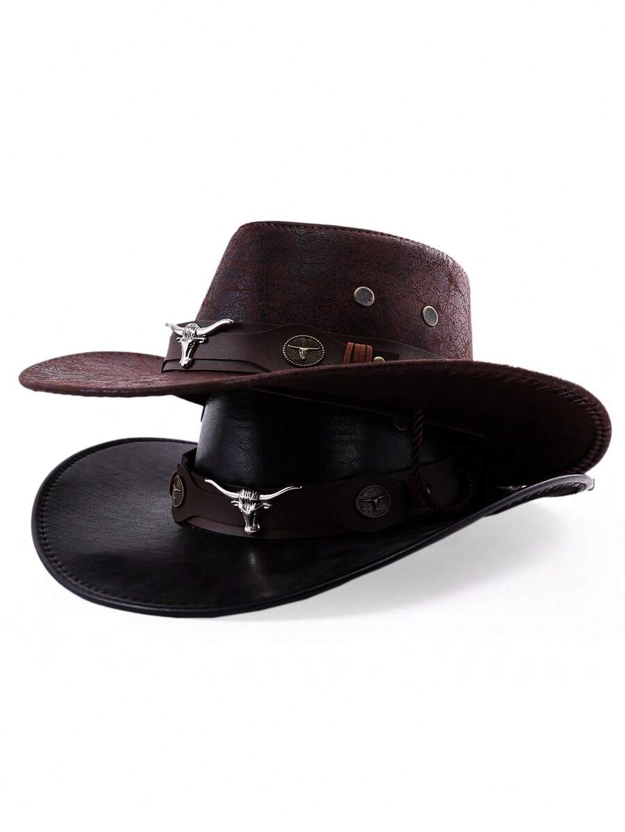 Mũ rộng vành có dây đai và trang trí đinh tán, mũ lưỡi trai phong cách Jazz unisex thích hợp cho các hoạt động ngoài trời mùa xuân, hè và thu. Mũ vành rộng kiểu cao bồi miền Tây. - mũ cao bồi da - Xem 1