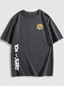男士休闲百搭汤姆和杰瑞元素印花短袖T恤 - 深灰色 - 查看 1