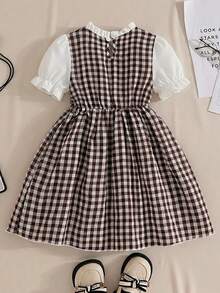 Đầm kẻ caro cổ điển ngọt ngào màu trắng, cổ Peter Pan, kiểu dáng Preppy cho bé gái 4-8 tuổi. - Cà phê nâu - Xem 3