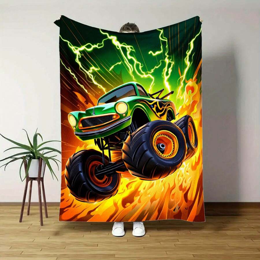 1pc Monster For Truck On Fire HD Printed Flannel Blanket - Heavy Duty 280GSM All-Season Soft Warm Throw, 60x80in Large Bedspread For Couch, Bed, Camping - Green & Orange Monster For Truck With Flames Design, 3 Sizes (30x40in, 50x60in - White - View 1