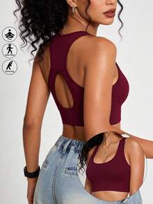 Runway Rest 1pc Seamless Sports Racerback Bra, Hollow Backside Outerwear Elastic Solid Color Women Lingerie - Red - View 1