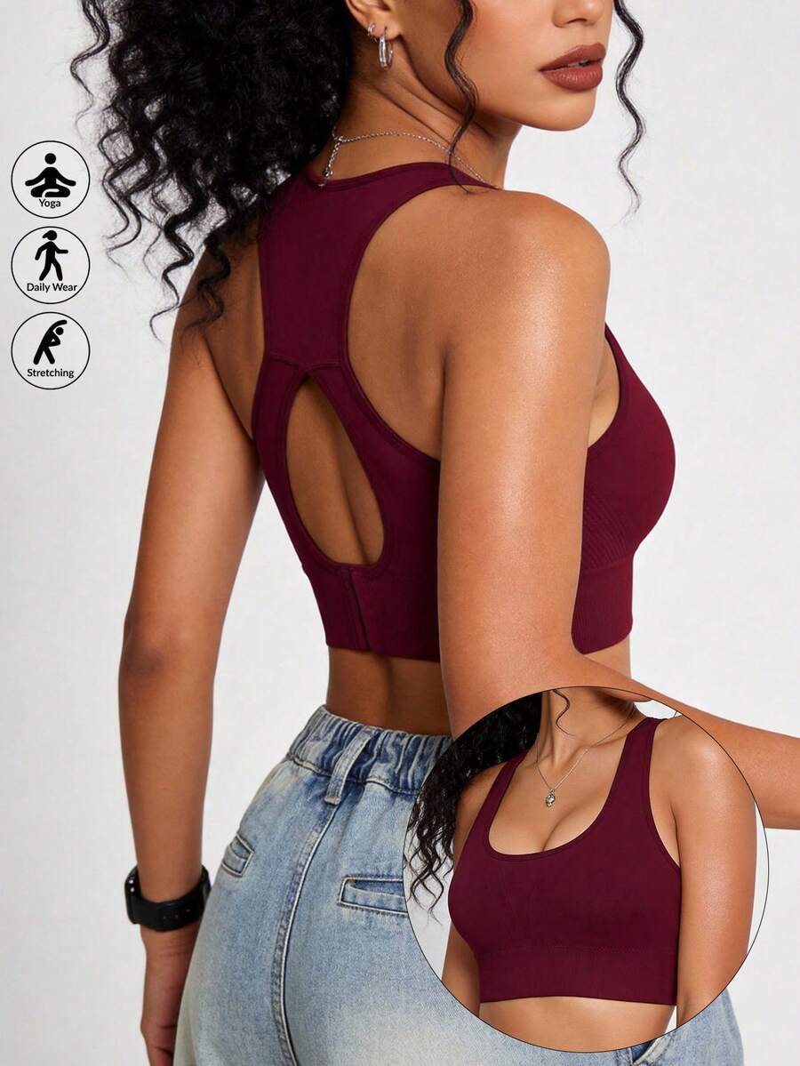 Runway Rest 1pc Seamless Sports Racerback Bra, Hollow Backside Outerwear Elastic Solid Color Women Lingerie - Red - View 1