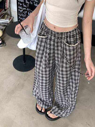 修身格纹休闲裤，百搭拼接抽绳腰阔腿宽松直筒裤，春季款