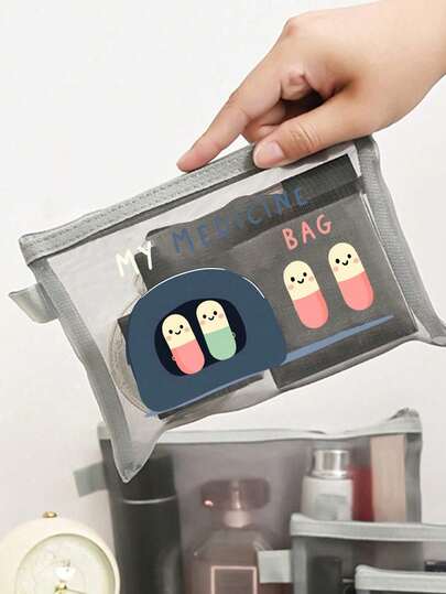 Mesh Cosmetic Bag With "My Medicine Bag" Cartoon Pill Pattern, Air Cushion Storage Portable Storage Bag, Makeup Bag, Skincare Bag, Travel Essentials, Dormitory Supplies, Wedding Bride Gifts, Mother's Day Gift, Birthday Gifts, Gifts For Friends And Teachers, Medicine Storage Bag,Bathroom Storage, Jewelry Storage, Lip Oil And Cosmetics Storage Bag,Student Dormitory Wash Bag,Gift To Wife, Family, Friends, Colleagues