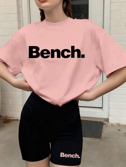 2pcs Girls' Soft Casual Set, "Bench." Letter Graphic Tee, Matching Biker Shorts, For Light Outing, Campus Daily, Summer Wear