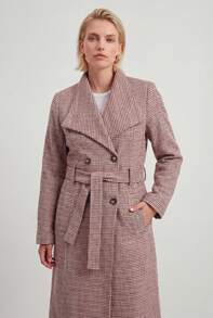 Naf Naf Long Belted Coat With Houndstooth Pattern – Feminine And Structured Elegance Manteaux Beige Fabric - Beige - View 1