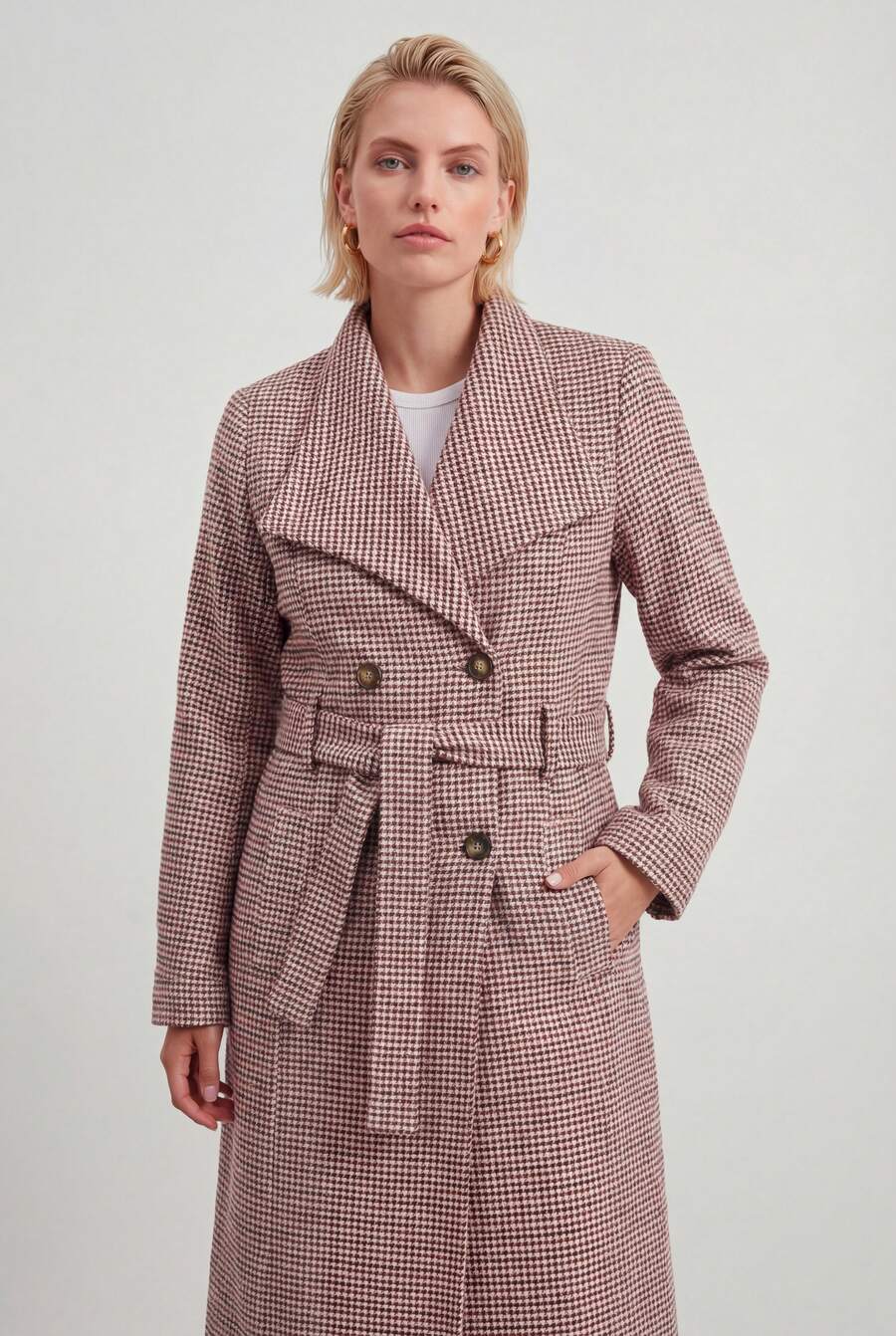 Naf Naf Long Belted Coat With Houndstooth Pattern – Feminine And Structured Elegance Manteaux Beige Fabric - Beige - View 1