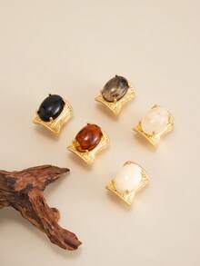 1枚复古几何椭圆形树脂宝石装饰戒指，夸张时尚独特金色金属戒指，女士迷人饰品 - 單一戒指 - 查看 6