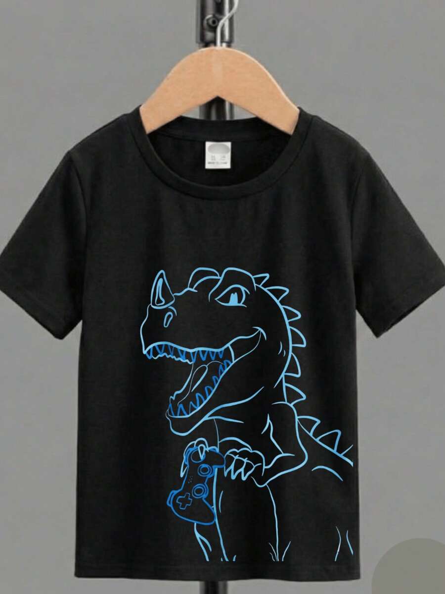 Camiseta Infantil Barata Dinossauro Confortável Algodão - Preto - Visão 1