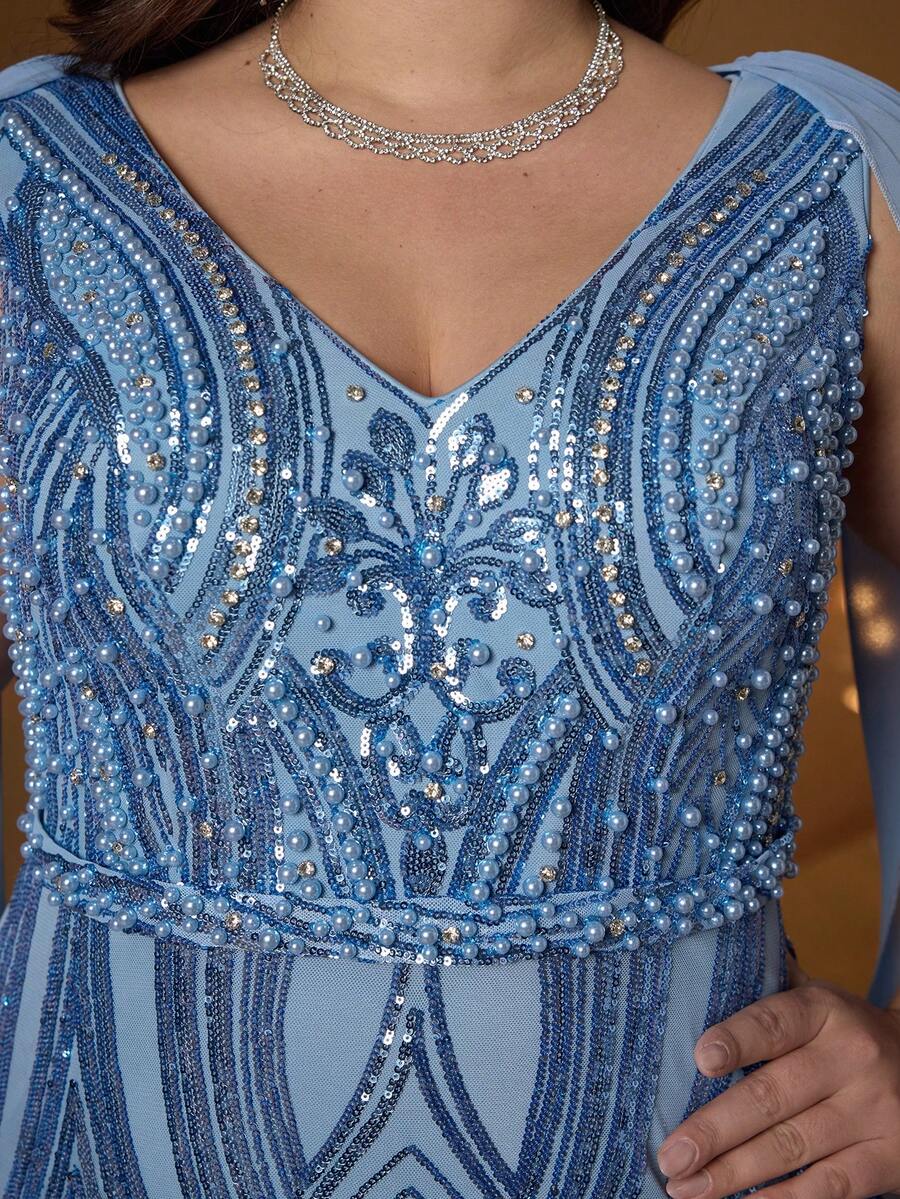 New Strapless, Embroidered, Sequin, Bubble Sequin, Lapel Sleeve, Fitted, High-End Evening Gown, Suitable For Galas, Weddings, Parties, Wedding Guests And Other Occasions Spring - Blue - View 1