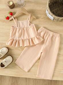 Toddler Girls 2pcs Set Sleeveless Strawberry Graphic Crop Top And Loose Fit Wide Leg Pants, Summer Casual Outfit - Apricot - View 2