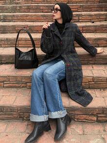 Livesso 格子翻领纽扣前襟女式外套，秋季女装 - 彩色 - 查看 3