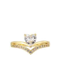 Women's Gold-Plated Cubic Zirconia Ring, Minimalist Heart-Shaped Main Stone, V-Shaped Band Design, Versatile & Elegant, Suitable For Daily Commute/Work, Great Birthday Gift For Fashionista - Gold - View 8