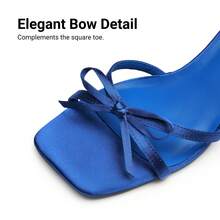 Women Stiletto Heeled Sandals With Bowknot Decor, Fashion Kitten Heels Square Open Toe Ankle Strap Heeled Sandals For Wedding Party Evening - 寶藍色 - 查看 8
