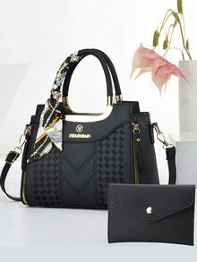 优雅刺绣女士手提包 - 配有可拆卸肩带，拉链封口，湖蓝色/白色/红色/黑色，不褪色，金色五金配件，优雅日常之选 | 手提包 | 可拆卸肩带 - 黑色 - 查看 4