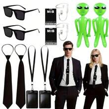 Bộ phụ kiện đặc vụ MIB 6 món - Kính râm đen, cà vạt có khóa kéo, thẻ ID, tai nghe, người ngoài hành tinh bơm hơi màu xanh lá cây - Thích hợp cho Halloween, Cosplay, lễ hội hóa trang - Phụ kiện chủ đề khoa học viễn tưởng, Unisex, phụ kiện trang phục Halloween | Nhựa bền - Nhiều màu - Xem 10