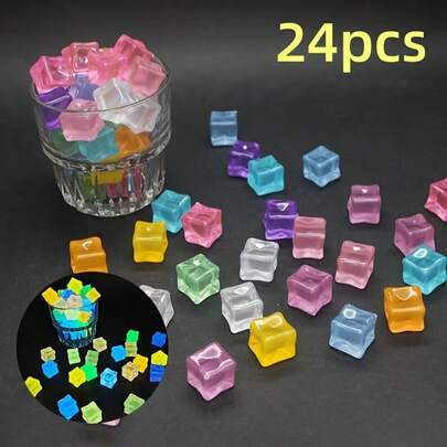 24pcs Glow-In-The-Dark Resin Ice Cubes - Suitable For Outdoor Yard Decor, Party Decoration, Durable & Resin Blocks With Starry Changing Color Effect Shining In The Dark, Holiday DIY Decor