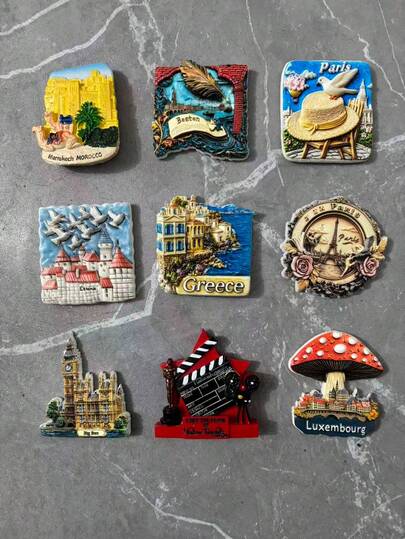 1pc 8 Styles 3D City Landmark Fridge Magnets, Featuring Vintage Hand-Drawn & 3D Embossed Designs Of Global Landmarks Like Moroccan Red City, Eiffel Tower, Greek Blue Domed Houses, Big Ben, Etc. Each Magnet Displays City Name In English & Chinese, Decorated With Camel, Hot Air Balloon, Clapper And Other Playful Elements