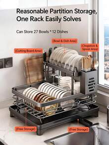 Asnews Double-Layer Draining Rack - Metal Tray Draining Rack For Countertops - Knife, Cup, And Tableware Rack - Kitchen Utensil Draining Rack - Includes Knife And Fork Holder + Chopping Board - Tray Rack / Plate Draining Rack - Black - View 5