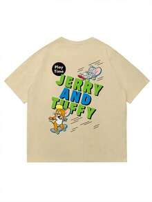 Strevion OBM Men X TOM & JERRY 男士极简主义杰瑞滑板图案印花圆领短袖T恤，夏季 - 卡其色 - 查看 1