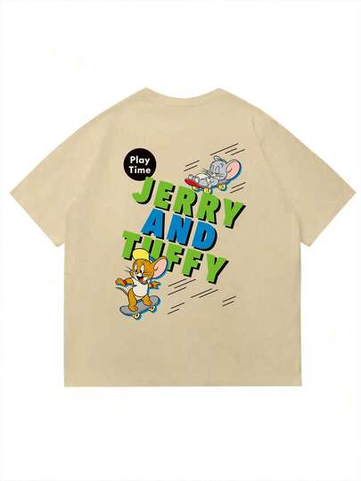 Strevion OBM Men X TOM & JERRY 男士极简主义杰瑞滑板图案印花圆领短袖T恤，夏季