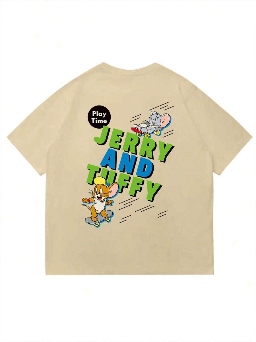 Strevion OBM Men X TOM & JERRY 男士极简主义杰瑞滑板图案印花圆领短袖T恤，夏季 - 卡其色 - 查看 1