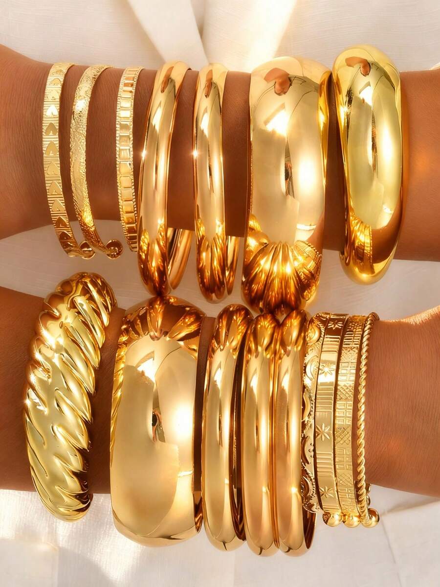 16pcs Old Money Style Star & Heart Gold Wide Cuff Bracelet Set, Women's Party Gift, Versatile For Daily Wear - Yellow Gold - View 1