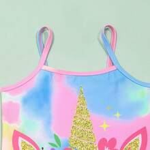 Young Girls' Gradient Tie-Dye Unicorn Print One-Piece Swimsuit, Featuring Cute Unicorn Design With Gold Glitter Horn & Ears, Colorful Floral Decor, And Playful Eyelash Expression. Designed With Spaghetti Straps, Contrast Trim, And Rainbow Gradient Leg Accents, Suitable For Beach Vacation And Pool Activities. - Pink - View 3