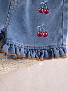 女婴华夫格纯色樱桃图案无袖圆领上衣 + 休闲刺绣牛仔裤 - 酒紅色 - 查看 5