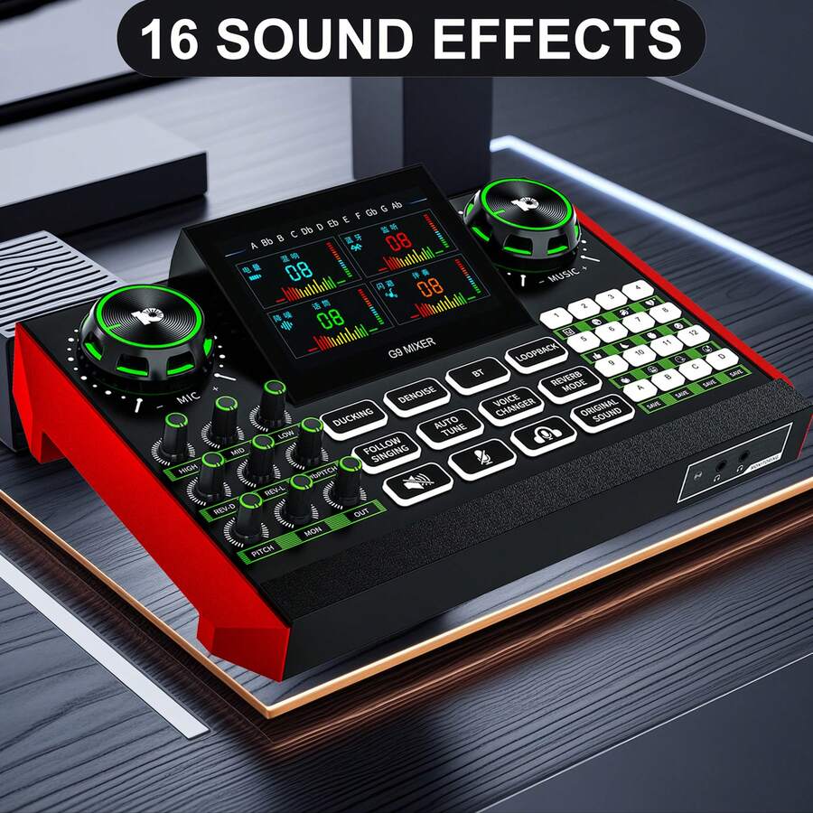 tenlamp Professional Multifunctional Live Sound Card, DJ Mixer With Voice Changer, Independent Adjustment Of High And Low Sound, A Key To Switch A Variety Of Vocal Effects, With A Variety Of Atmospheric Special Effects Sound, Cell Phone And Computer Universal, Suitable For Podcast Recording, Studio Streaming Media Production, Singing Recording, Game Voice - 黑紅 - 查看 1