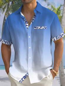 Hawaiian Floral Partial Print Button Pocket Short Sleeve Shirt For Men - Blue - View 1